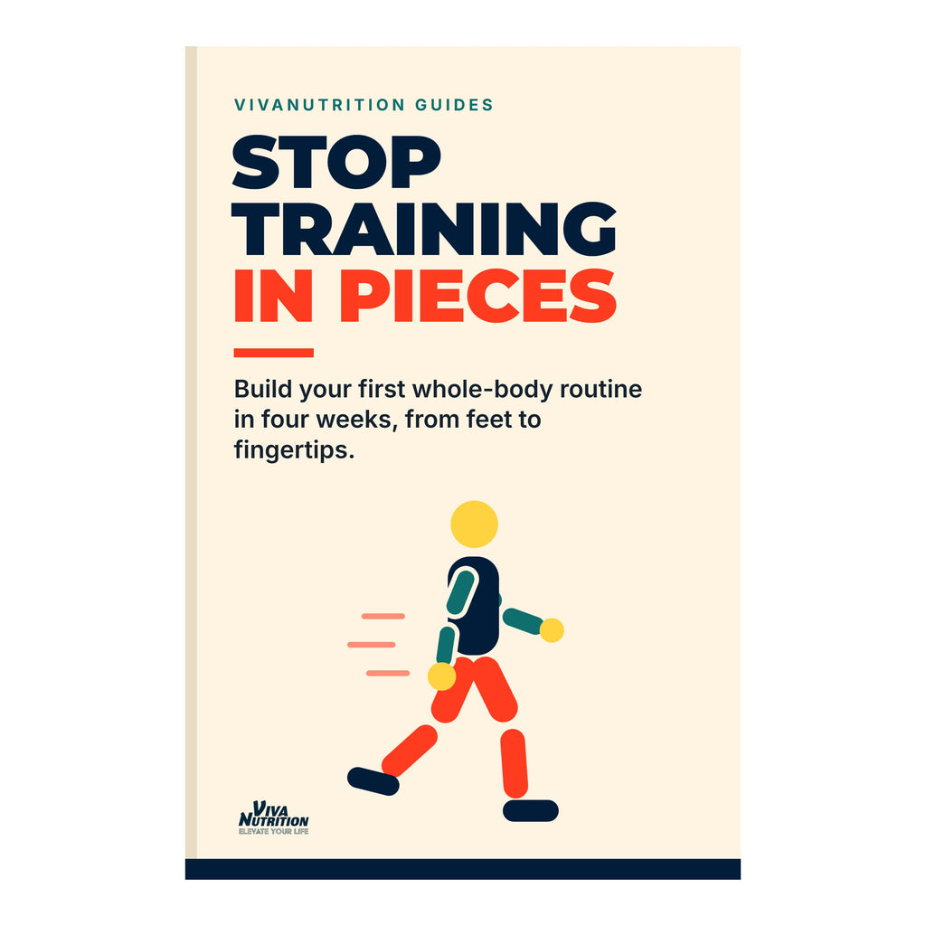 The cover of Stop Training in Pieces, Build your first whole-body routine in four weeks, from feet to fingertips, with a simple walking figure in navy, orange, teal and yellow on a cream background