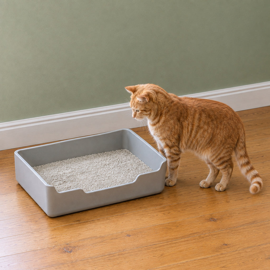A ginger tabby standing beside a large open grey litter tray, looking in