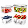Fridge produce saver set on white: two clear lidded containers with gray latch rims and two white colander baskets