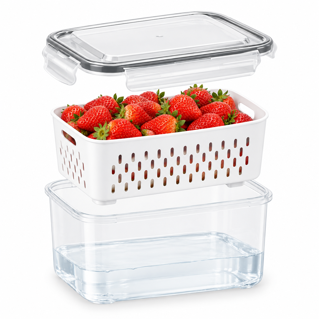 Exploded view of one container on white: clear lid, white colander basket and clear box, with the water space below the basket