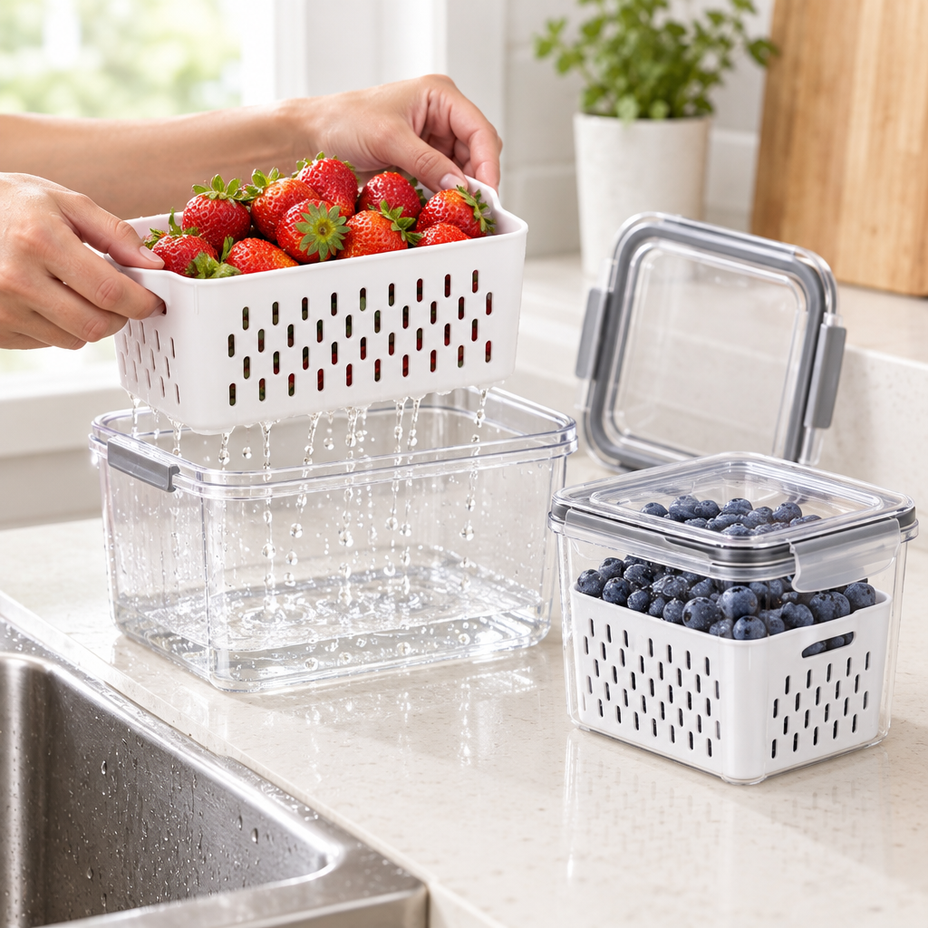 Hands lifting a white colander basket of berries out of a clear box in a kitchen, rinse water draining into the box below