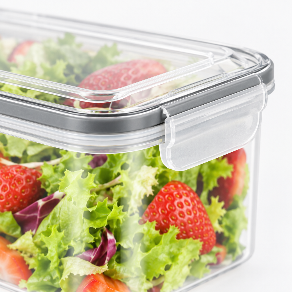 Close-up of the clear lid with its gray latch rim, side clip and silicone sealing ring