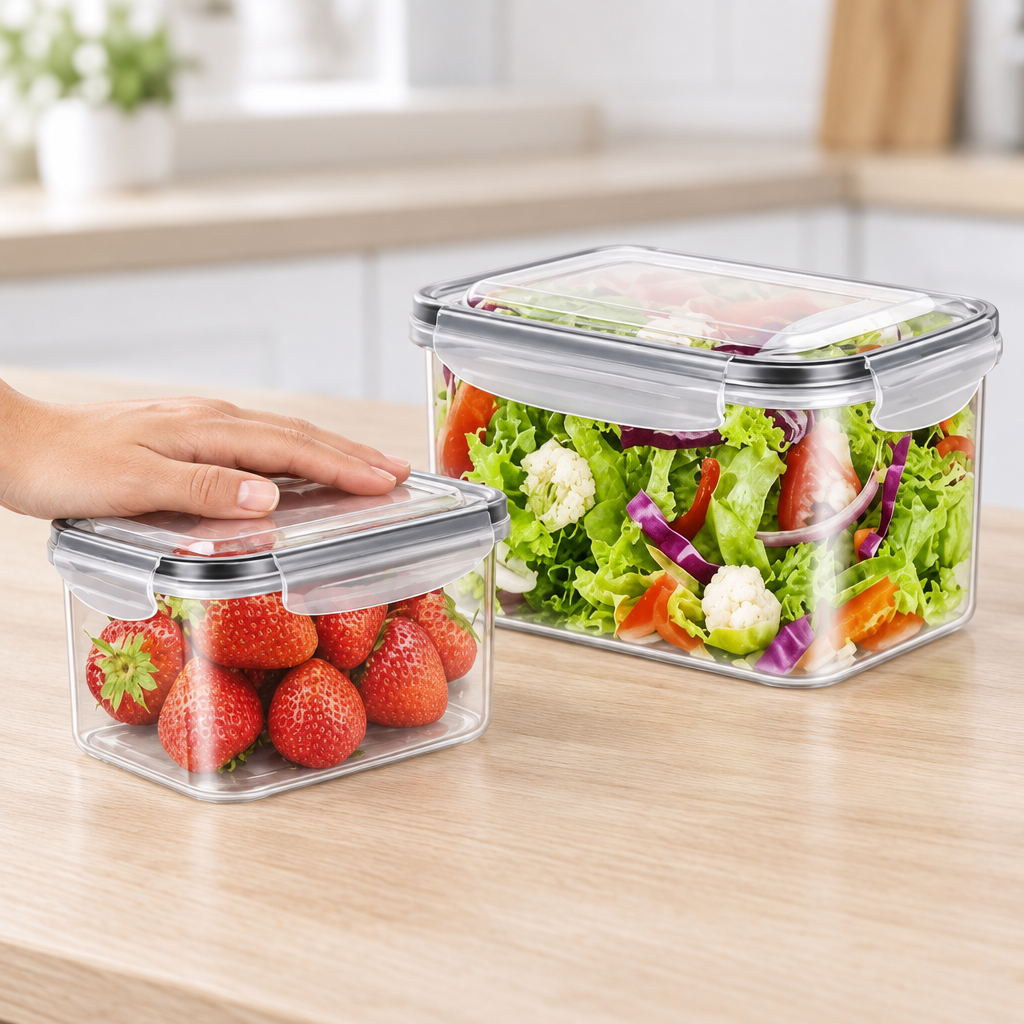A hand resting on the smaller 800 ml container with the larger 1700 ml container behind it