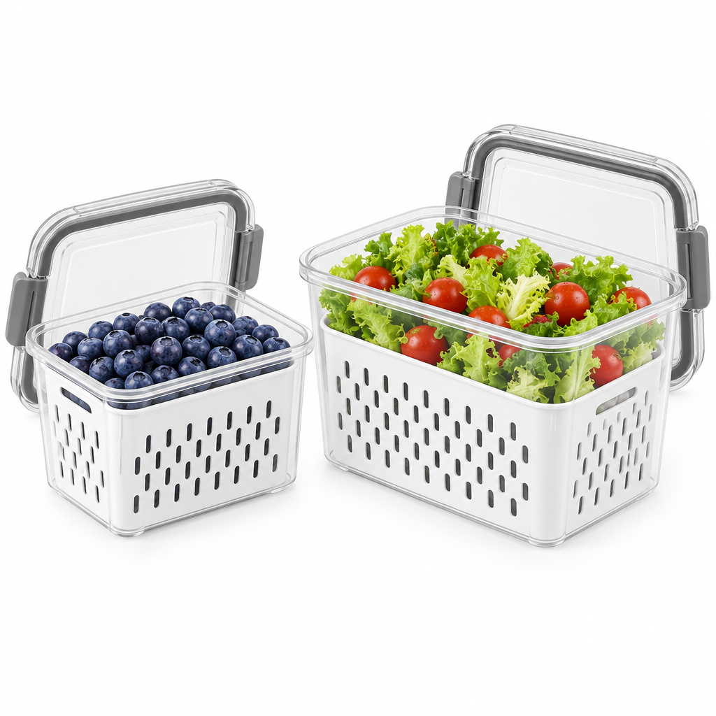 Open 4-piece set on white: two white colander baskets nested in two clear containers, lids set aside