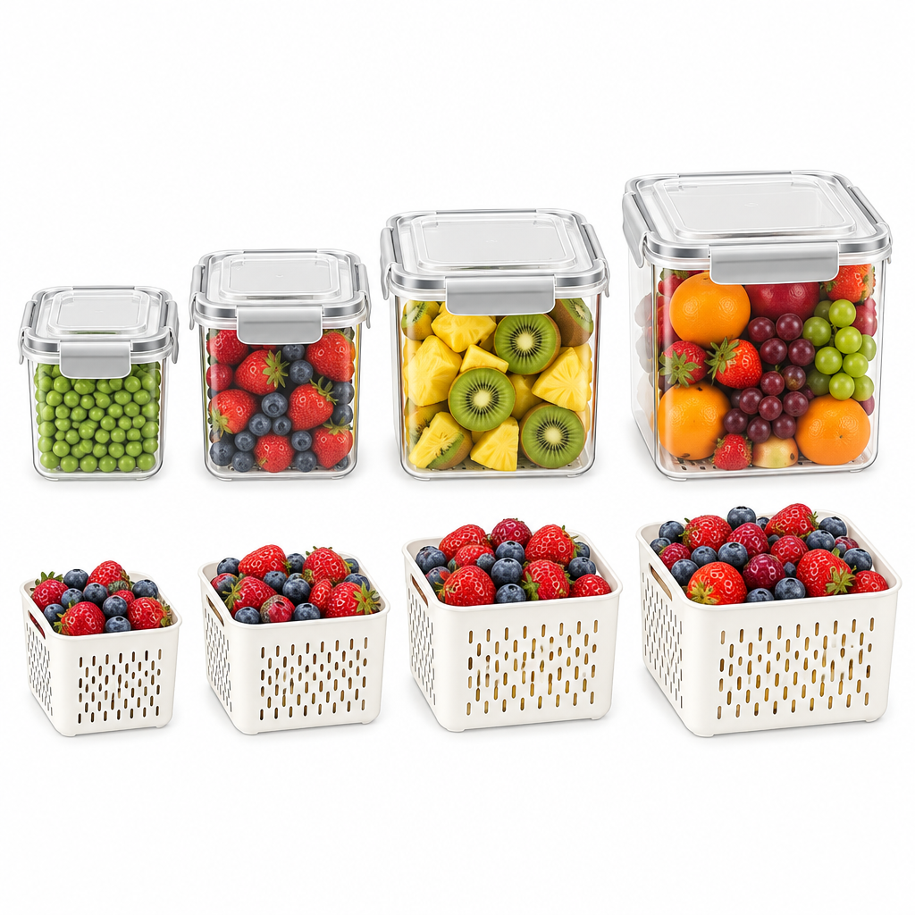 The 8-piece set on white: four clear containers in four sizes, each with a white colander basket