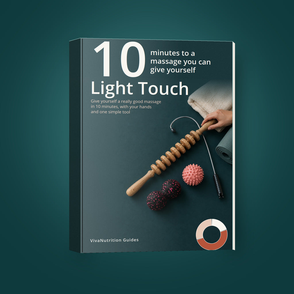 Light Touch self-massage guide shown as a 3D book on a teal background