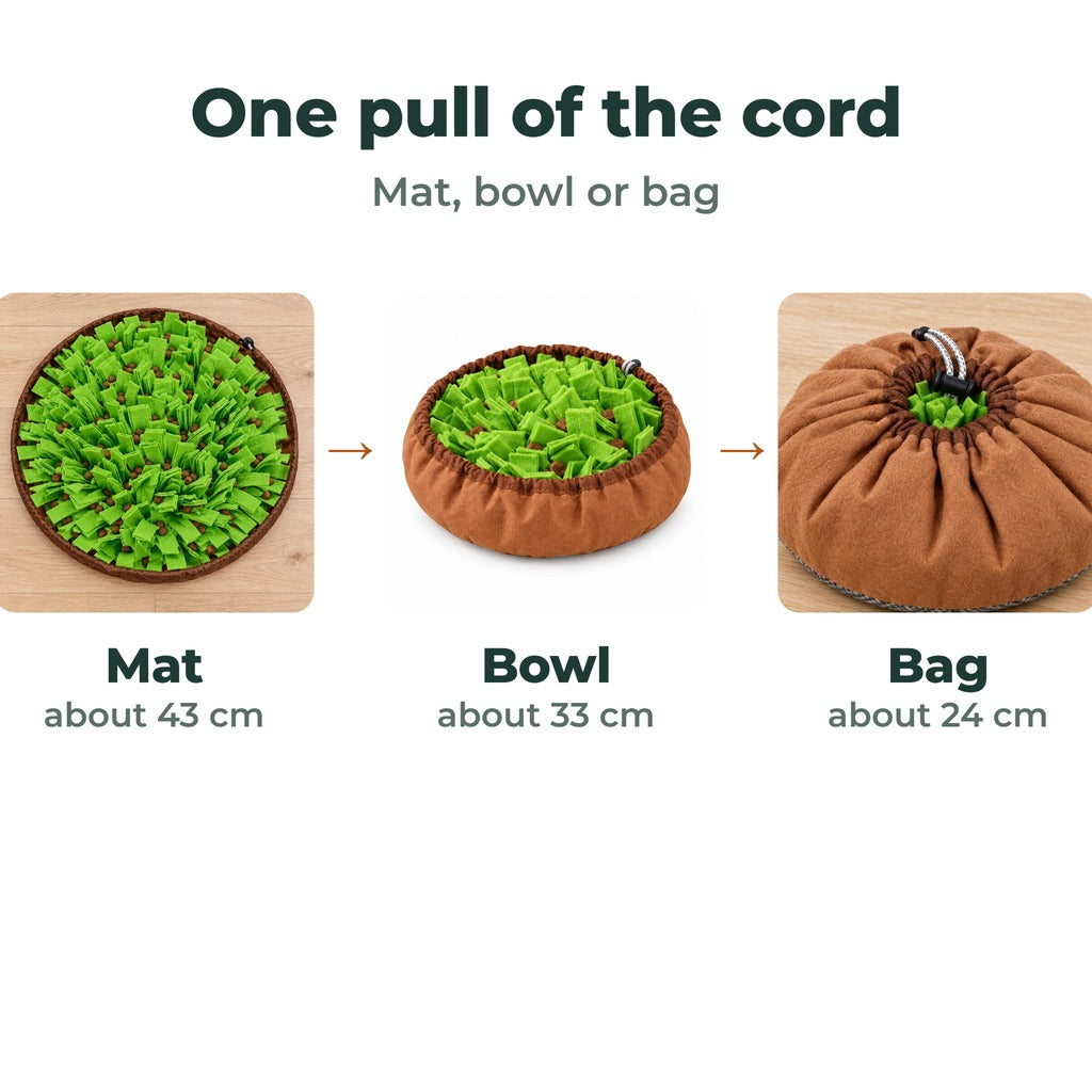 The same green and brown snuffle bowl shown three ways: open flat as a mat, drawn up into a bowl, and pulled shut into a small round bag