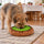 Christmas Day in a living room: a dog forages in a green felt snuffle bowl on the rug while the Christmas table is laid in the background