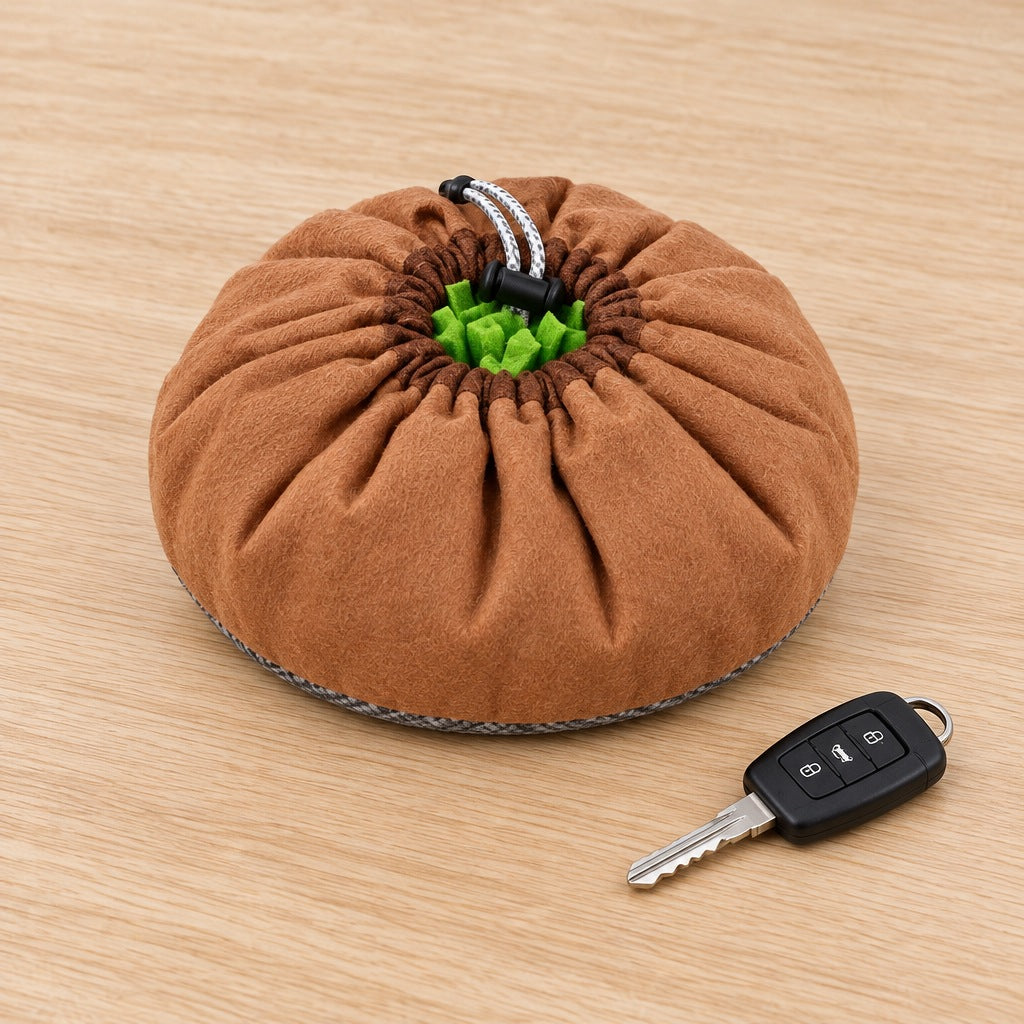 The snuffle bowl pulled shut into a small round brown bag with its drawstring, next to a car key