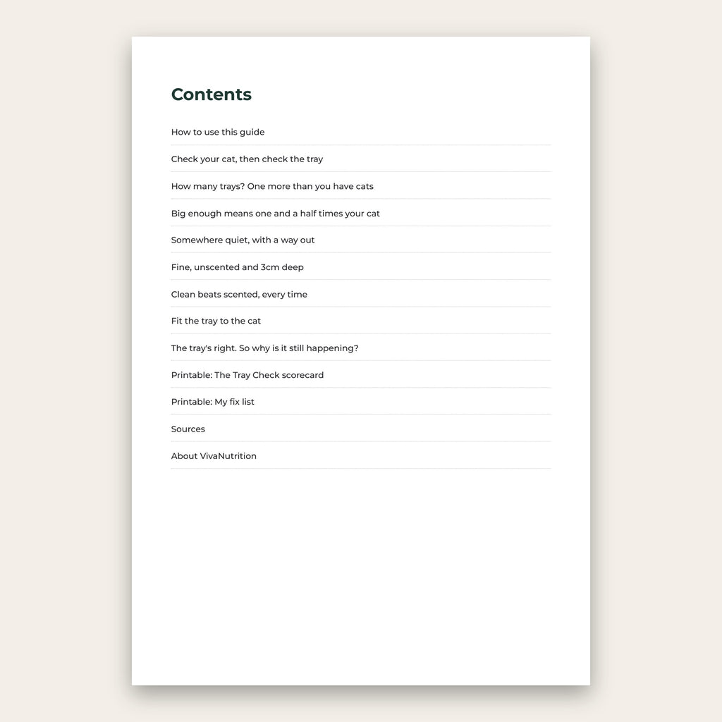 The Tray Check contents page: the six parts, the scorecard and the fix list