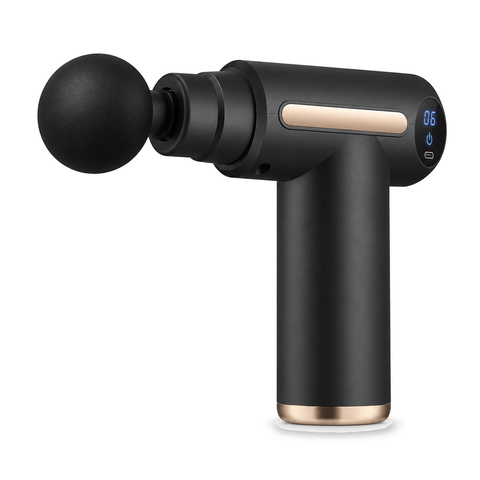 Black 6-speed muscle massage gun, three-quarter view on white
