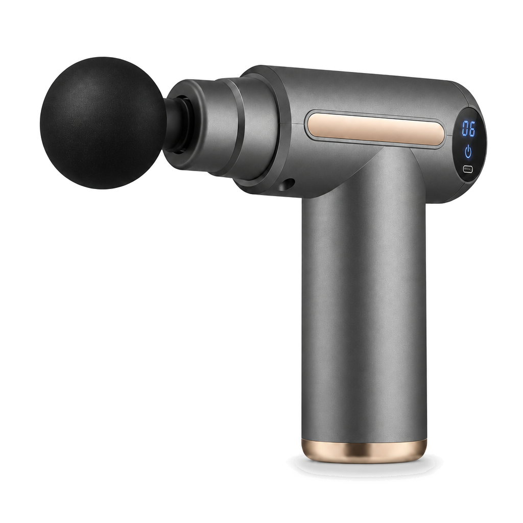 Gray 6-speed muscle massage gun on white