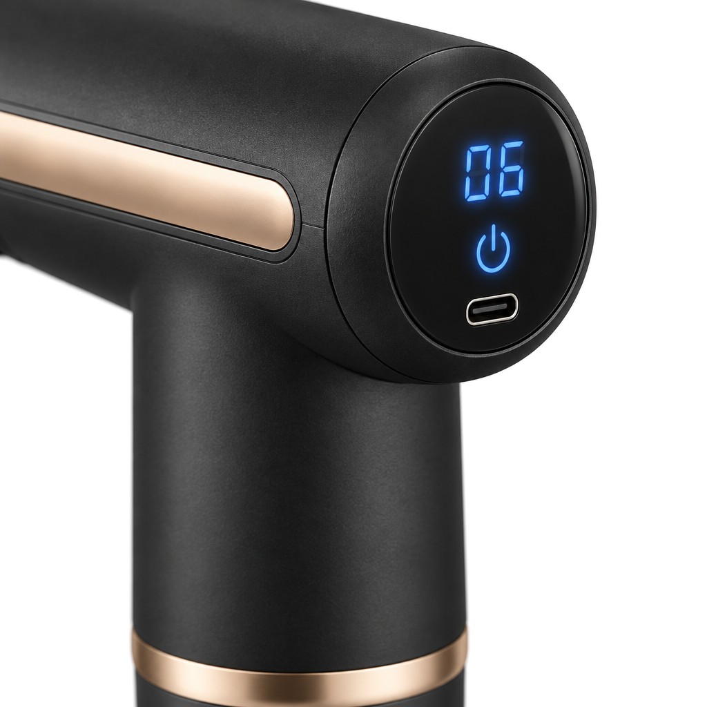 Close-up of the massage gun's speed display and USB-C charging port