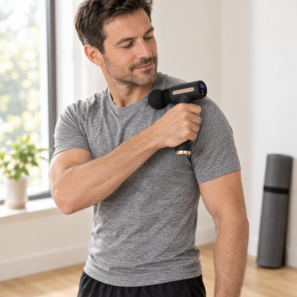 A person using the massage gun on the shoulder at home