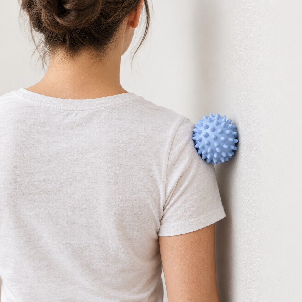 Spiky massage ball between the upper back and a wall