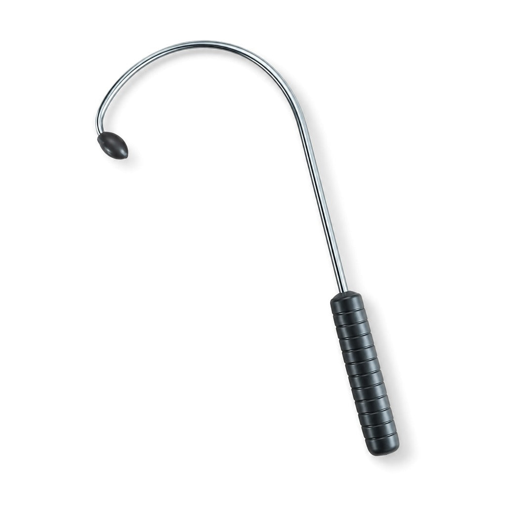 Hook massage cane with a black grip on white