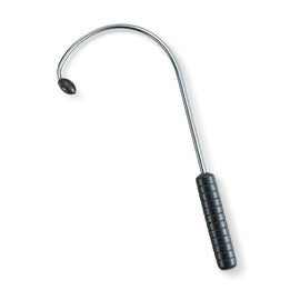 Hook massage cane with a black grip on white