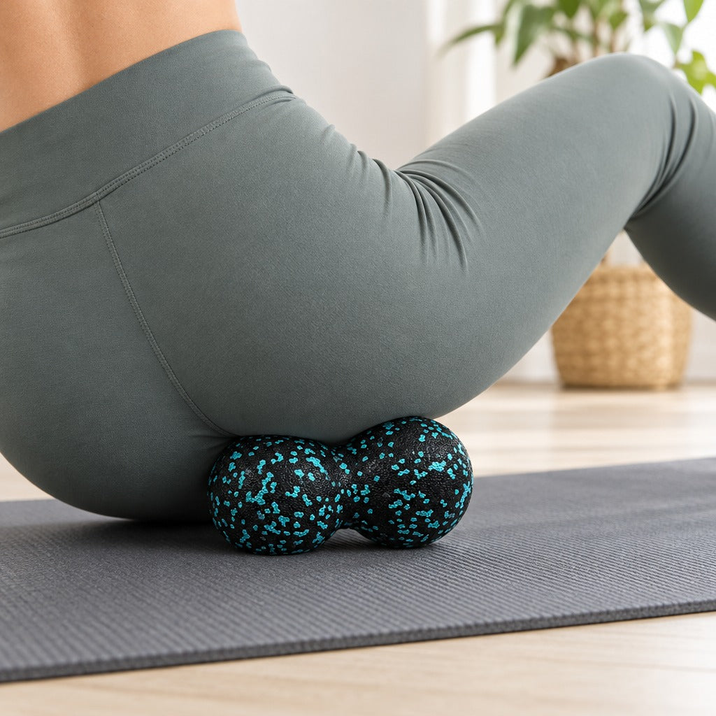 Sitting on a peanut massage ball to reach a glute