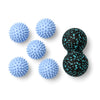 Five blue spiky massage balls and a blue peanut massage ball on white
