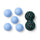 Five blue spiky massage balls and a blue peanut massage ball on white