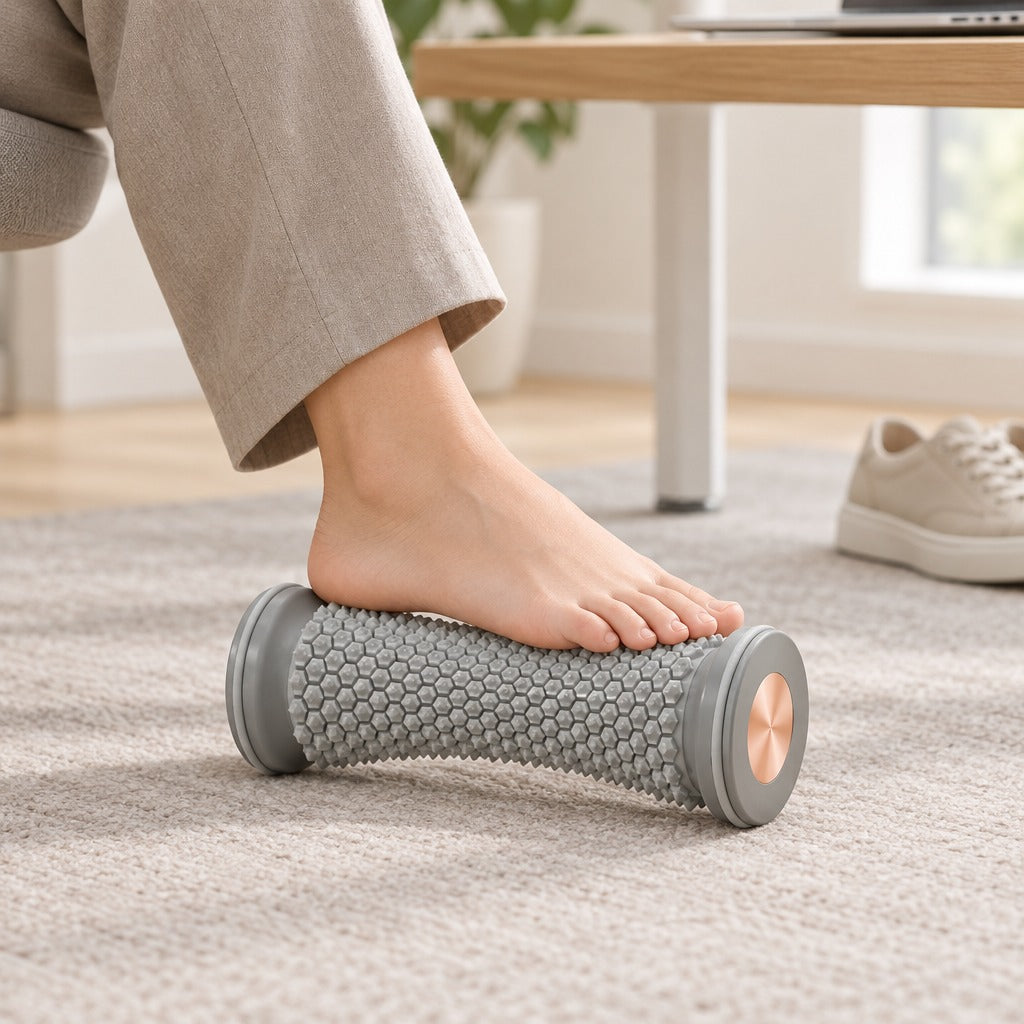 Rolling a foot on the foot roller under a desk