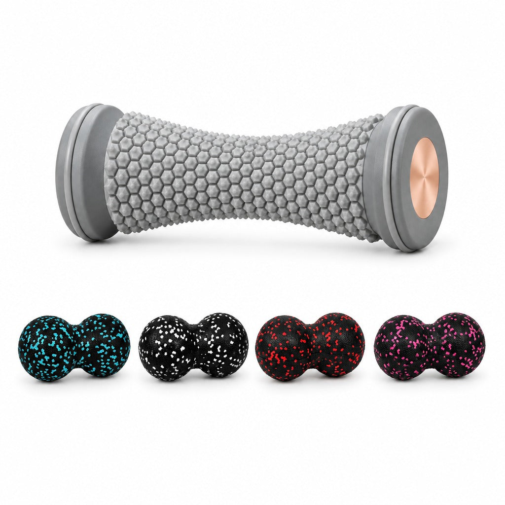 Peanut massage balls with blue, white, red and pink flecks