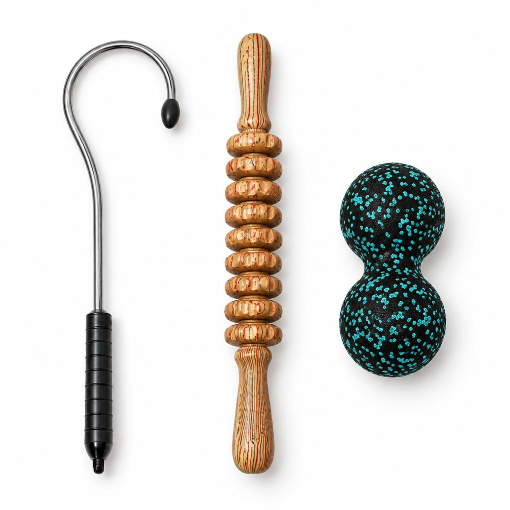 Hook massage cane, wooden nine-roller stick and peanut ball together
