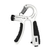 White adjustable hand grip trainer with black non-slip handles, front dial and side counter, on a white background