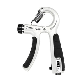 White adjustable hand grip trainer with black non-slip handles, front dial and side counter, on a white background