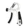 White adjustable hand grip trainer with black non-slip handles, front dial and side counter, on a white background