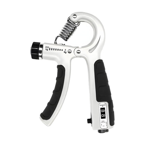 White adjustable hand grip trainer with black non-slip handles, front dial and side counter, on a white background