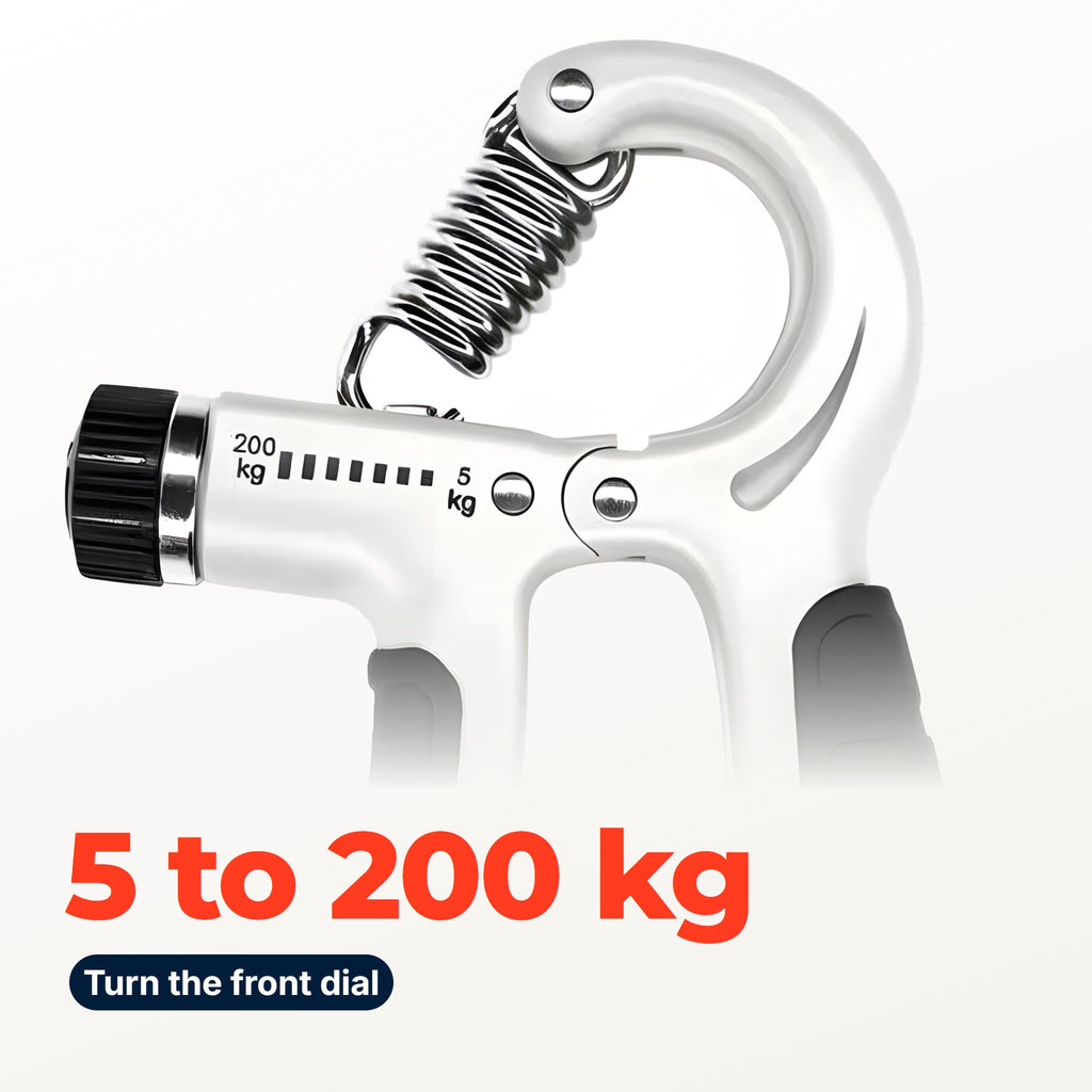 Close-up of the grip trainer's front dial and its printed scale, with the words 5 to 200 kg and Turn the front dial