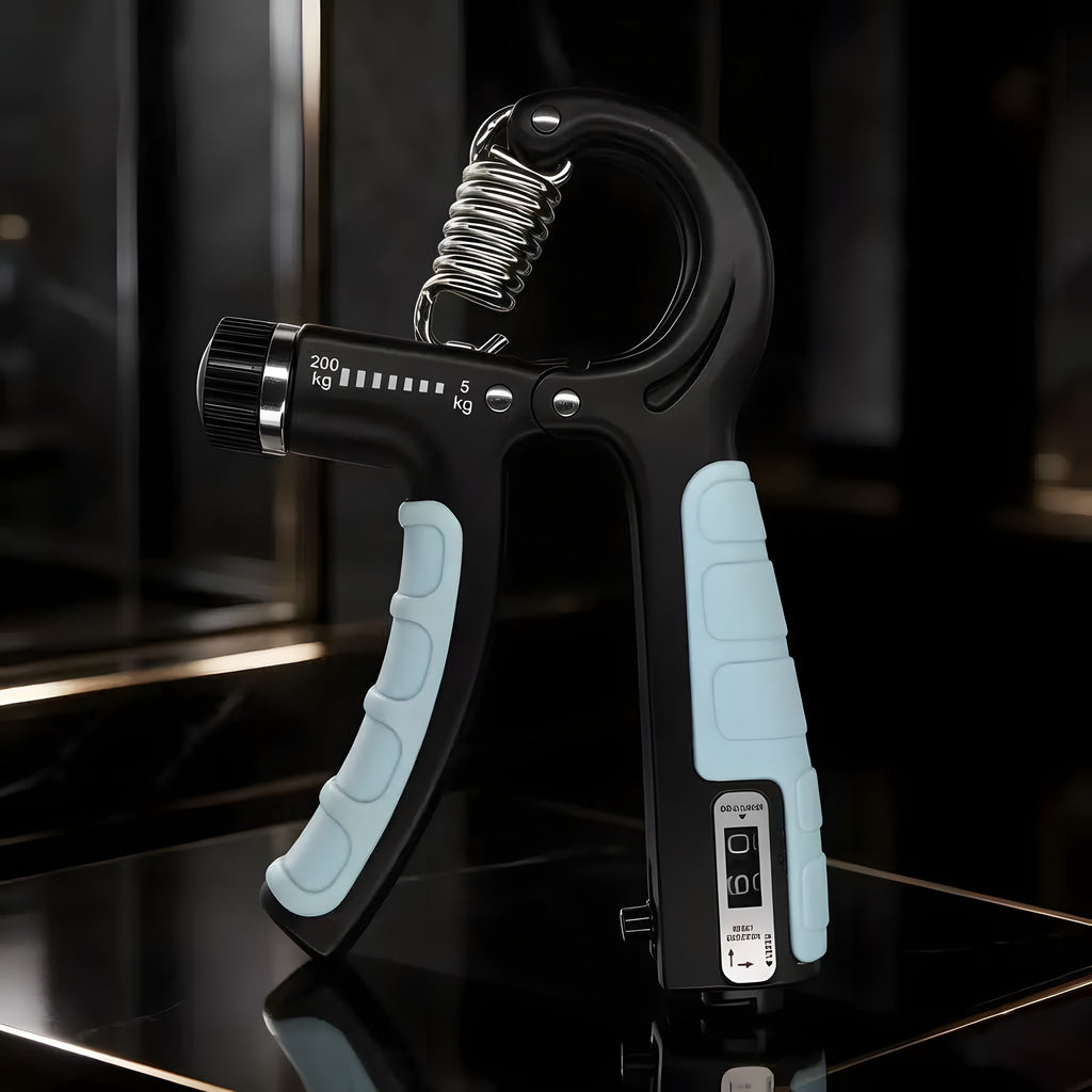 Black adjustable hand grip trainer with light blue non-slip handles, front dial and side counter, in a dark studio