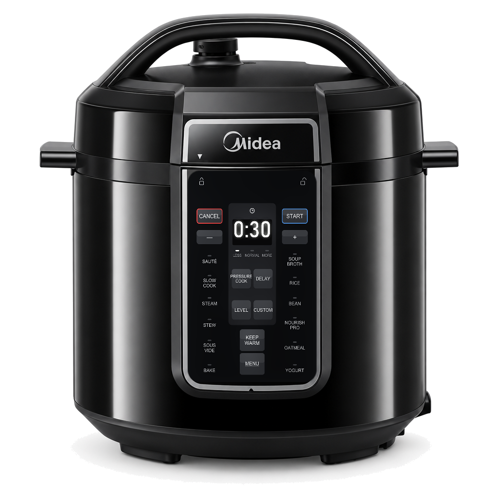 Midea 5.7 liter 9-in-1 multicooker, the UK model, in matt black with its lid on, on a white background