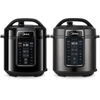 Two Midea electric pressure cookers side by side on a white background: the UK 5.7 liter 9-in-1 model and the US 6 quart 12-in-1 model