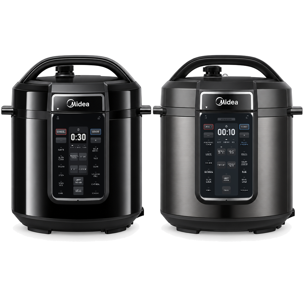 Two Midea electric pressure cookers side by side on a white background: the UK 5.7 liter 9-in-1 model and the US 6 quart 12-in-1 model