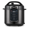 Midea 12-in-1 6 quart electric pressure cooker, the US model, in black with its lid on, on a white background