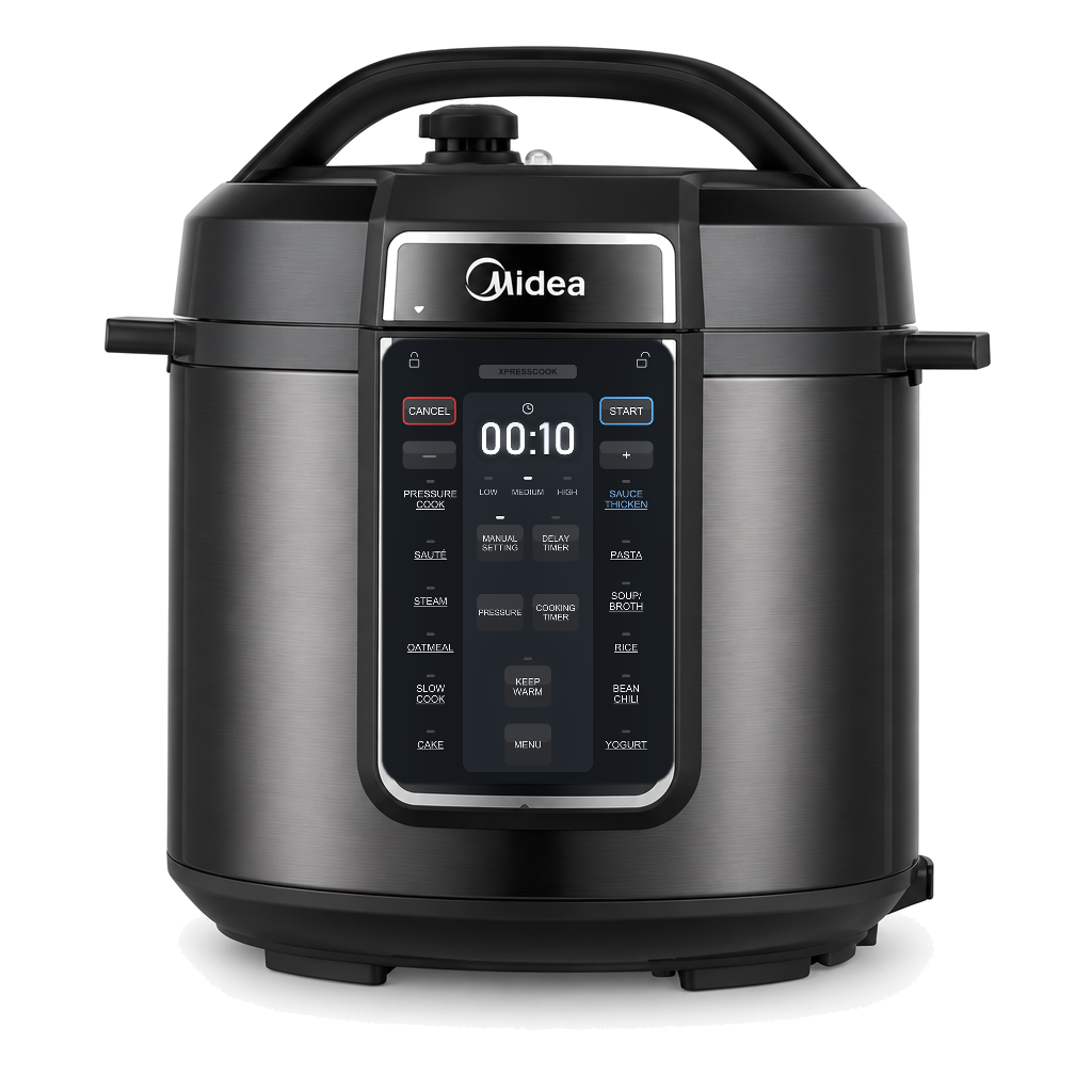 Midea 12-in-1 6 quart electric pressure cooker, the US model, in black with its lid on, on a white background