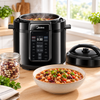 A black Midea multicooker with its lid off and a steaming bean and tomato stew in the pot, a bowl of the stew topped with parsley in front and a glass jar of mixed dried beans beside it, on a wooden kitchen counter