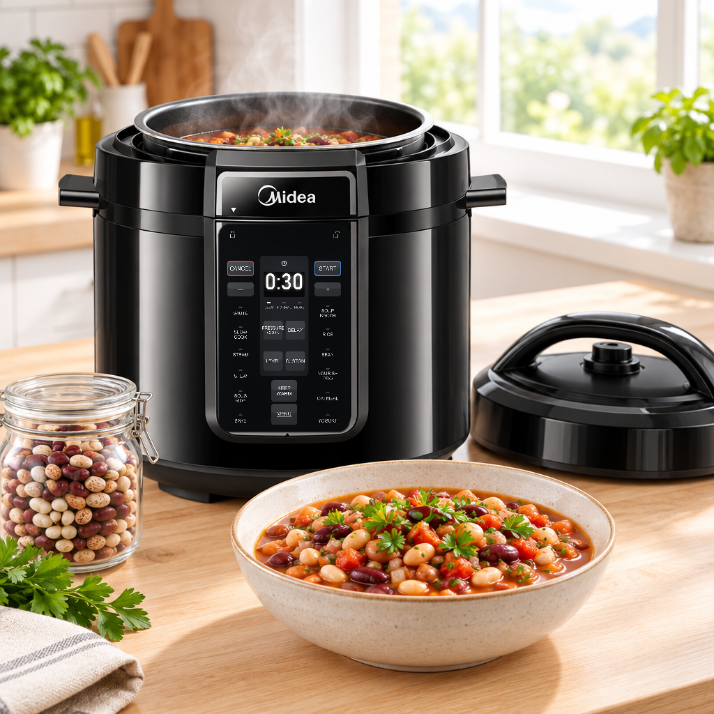 A black Midea multicooker with its lid off and a steaming bean and tomato stew in the pot, a bowl of the stew topped with parsley in front and a glass jar of mixed dried beans beside it, on a wooden kitchen counter