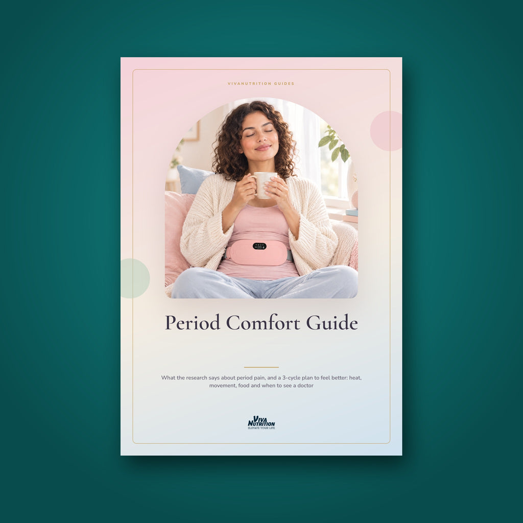 The cover of the Period Comfort Guide, What the research says about period pain, and a 3-cycle plan to feel better