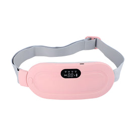 Pink cordless heated period belt with a grey adjustable strap and digital display, on a pure white background