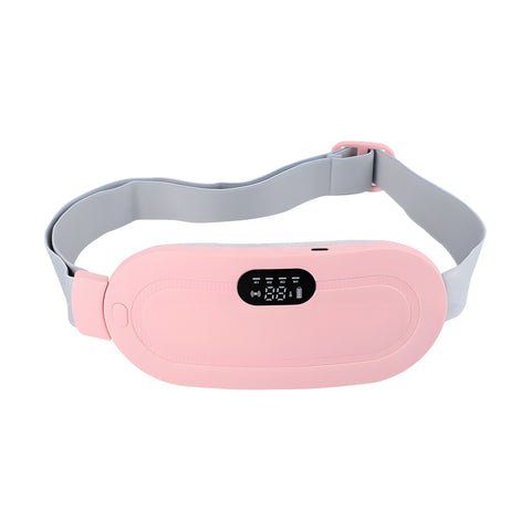 Pink cordless heated period belt with a grey adjustable strap and digital display, on a pure white background