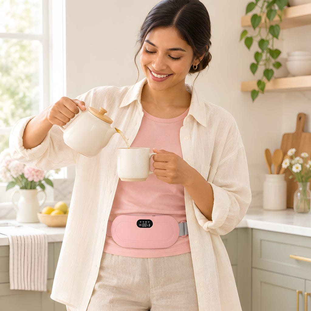 A smiling woman pouring tea in a bright kitchen with the pink heated period belt worn at her waist