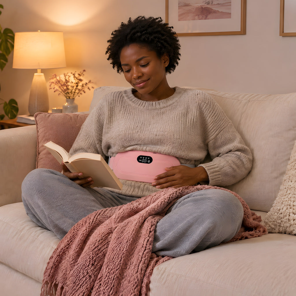 A woman reading on a sofa in the evening under a pink blanket with the pink heated period belt at her waist