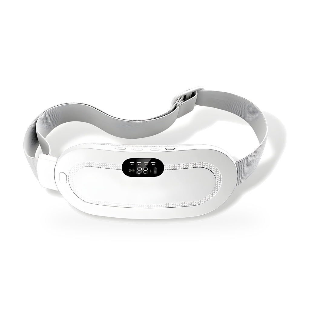 White cordless heated period belt with a grey adjustable strap and digital display, on a pure white background
